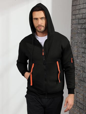 Худі Aulemen чоловіче з блискавкою, з довгим рукавом, спортивна куртка, Slim Fit, з капюшоном, з кількома кишенями, для повсякденного носіння та спорту (Чорний, XXL)