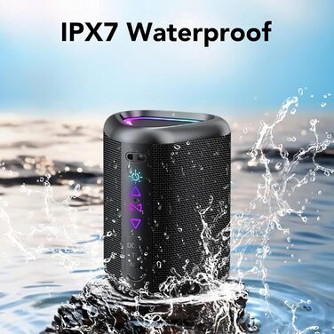 Портативна Bluetooth колонка Aowoka з підсвічуванням, 30 Вт, водонепроникна IPX7, покращений бас, для відпочинку, спорту та подорожей. Чорний коленсовий матеріал