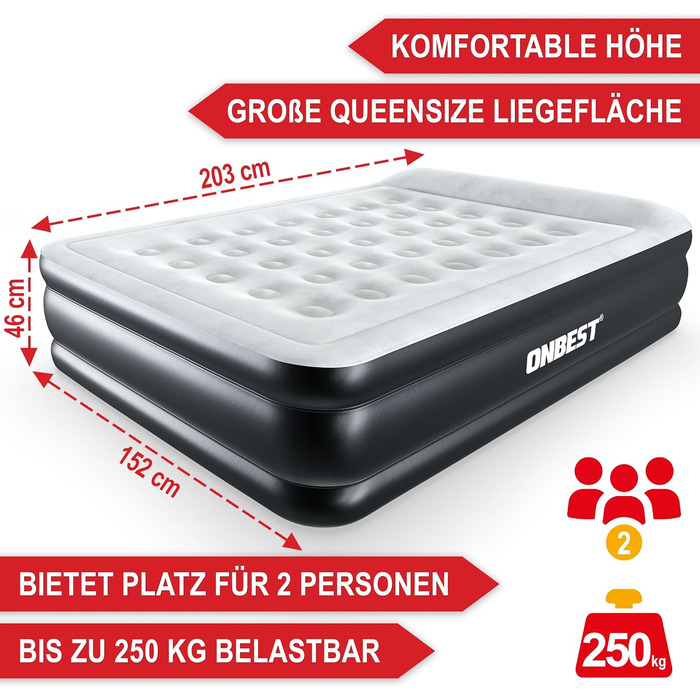 Надувне ліжко самонадувне для 2 осіб - 203 x 152 x 46 см - з електричним насосом - надувне ліжко для гостей, надувається за 3-5 хвилин - вбудована подушка (Чорний)