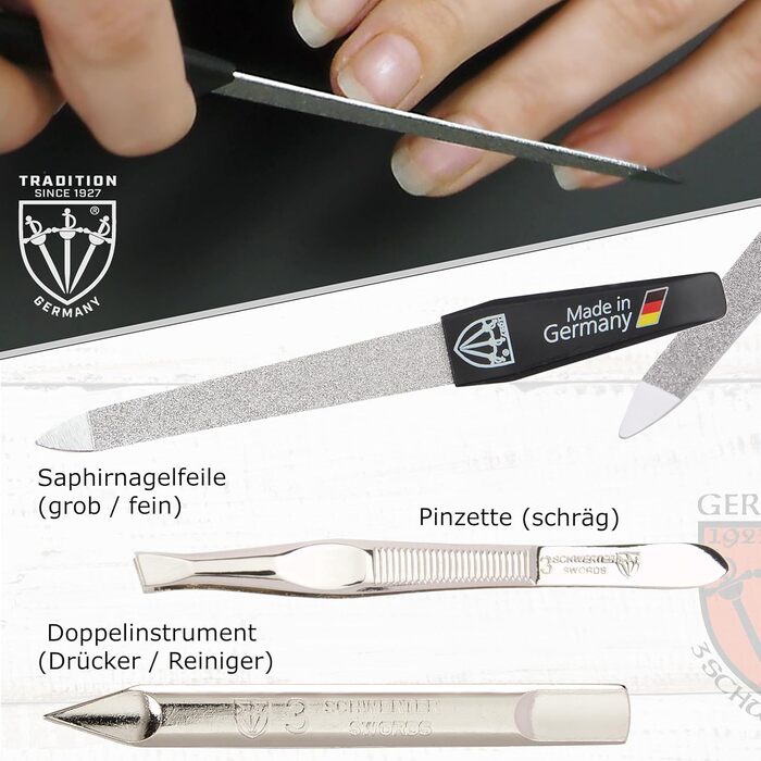 Набір манікюру 5-ти предметний 'Anzio III' від DREI SCHWERTER - Німецька якість | Елегантний чорний футляр з натуральної шкіри | В комплекті: ножиці для нігтів, ножиці для кутикули, пінцет, алмазна пилка для нігтів, засіб для очищення нігтів