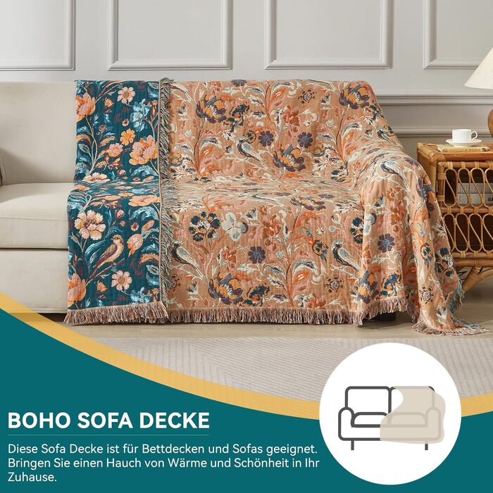 Богемна ковдра Boho 150x200 см з 100% бавовни, двостороння муслінова ковдра, плед для дивану та ліжка, patchwork, літня ковдра для вітальні, зелено-бежева (230x250 см, квіти та птахи)