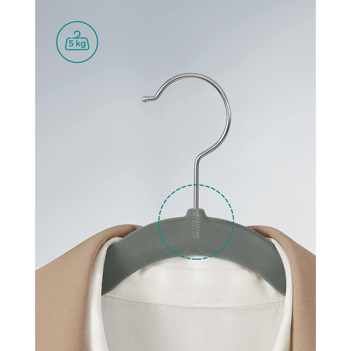 Набір вішалок SONGMICS 50 шт. для одягу, сірі, з неслизьким покриттям, з перекладиною для штанів, 360° обертовий гачок, тонкі, 43 см