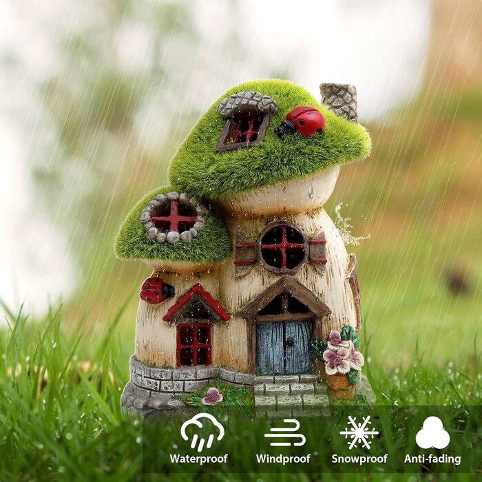 TERESA'S COLLECTIONS Outdoor Garden Decor, Garden Decoration, Fairy House Garden Decor, fairy garden, Mushroom, made of resin, with solar lamp, Green, Balcony, Autumn decor, Autumn Decoration, 16cm