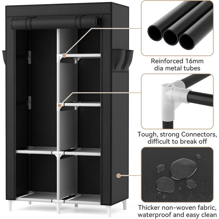 Wardrobe, Portable Fabric Clothes Closet with Clothes Rod, 6 Shelves, 4 Side Pockets, and Cover, Sturdy Clothes Racks for Bedroom Dressing Room (Black, 84 x 42 x 162 cm)