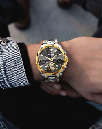 Чоловічий наручний годинник OLEVS G3316: аналоговий, водонепроникний, зі сталевим двоколірним ремінцем, чорним циферблатом, підсвічуванням та календарем