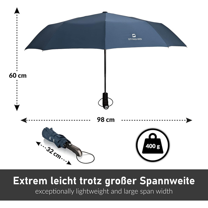 STYNGARD Тристонний парасолька, стійкий до вітру до 140 км/год, з автоматичним відкриванням, тефлонове покриття, довга ручка, модель TRONDHEIM, блакитний
