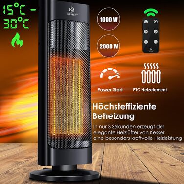 Обігрівач KESSER® 2000W з пультом керування, керамічний, тихий, з осциляцією, таймером, чорний