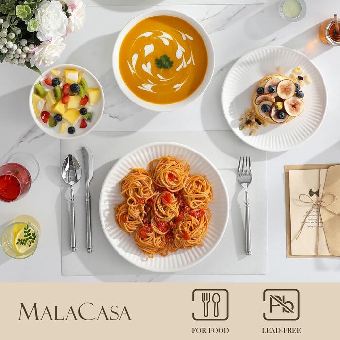 MALACASA LEILA Набір посуду на 6 осіб, 24 елементи: тарілки, миски, порцеляна, ручна робота, для мікрохвильовки та посудомийної машини, білий