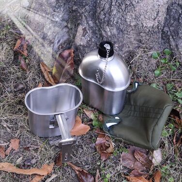 Goetland Stainless Steel US Military Field Bottle Set 1.2l with 0.6l Cup Nylon Bag Water Bottle Cooking Pot Camping Cup (1 Liter with 0.5 Liter)