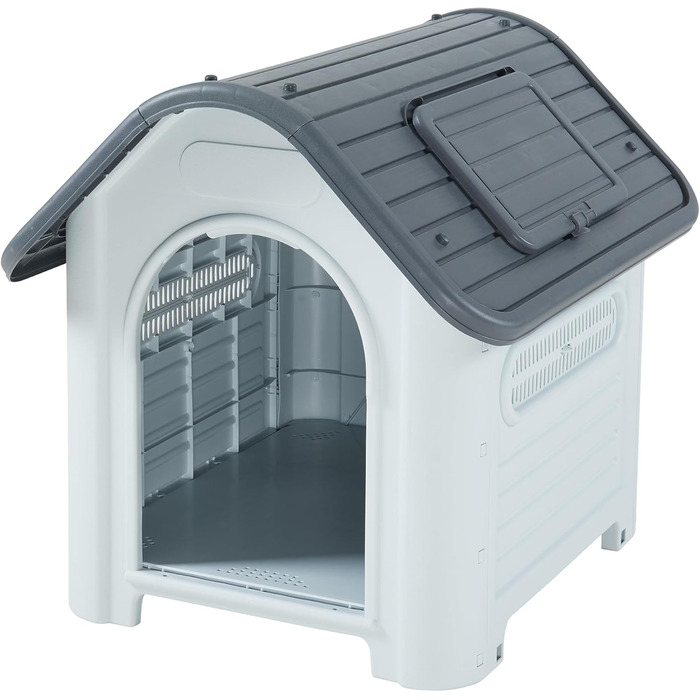 Будка для собак на вулицю Bello - вологостійка годівниця для собак з дахом та вентиляційними отворами, 87 x 72 x 75 см, пластикова, білий/сірий колір
