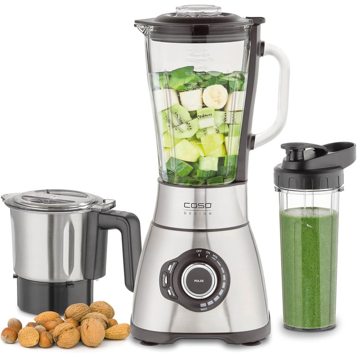 CASE B 1800 PowerBlender Set - Stand Mixer, 28,000 RPM, 1.75 L Glass Container, incl. Drinking Bottle and Chopper, Mixer Test Winner with Very Good Rating, Stainless Steel Stand Mixer + Accessories