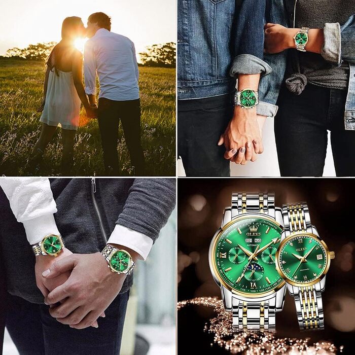 Набір автоматичних механічних годинників для пари OLEVS: чоловічий та жіночий з календарем, фазою місяця та турбійоном, двоколірні (Зелені)