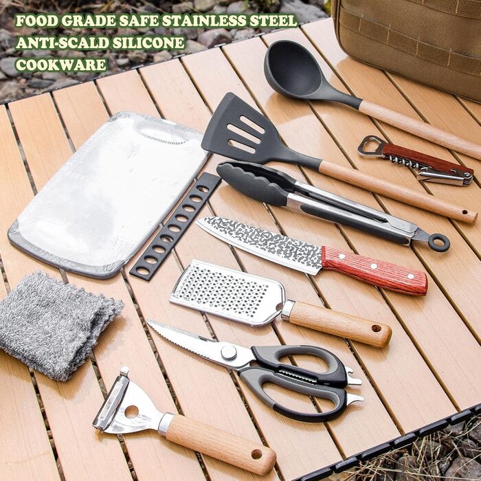 Набір кухонного приладдя для кемпінгу Sadodo: 11 предметів, з органайзером та сумкою, силікон та нержавіюча сталь