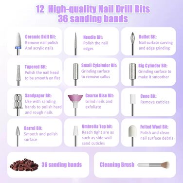 Електричний фрезер для нігтів для гелю, 12 в 1, бездротовий, 25000 об/хв, USB, 5 швидкостей, манікюр/педикюр