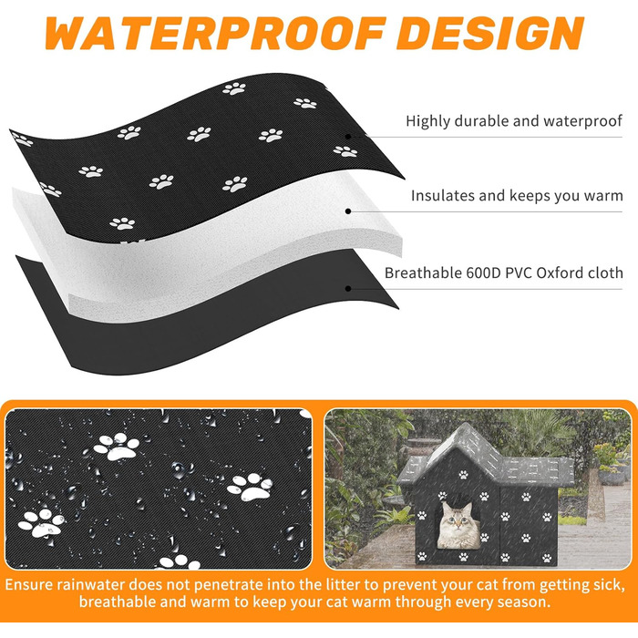 Кіт Будинок для Зовні Зимостійкий, Будинок для Вуличних Кішок з Знімними Подушками, Захист від Холоду для Тварин з Завісою на Дверях, Легко Збирається, Зелений (Чорний, 33 x 38 x 43 см)