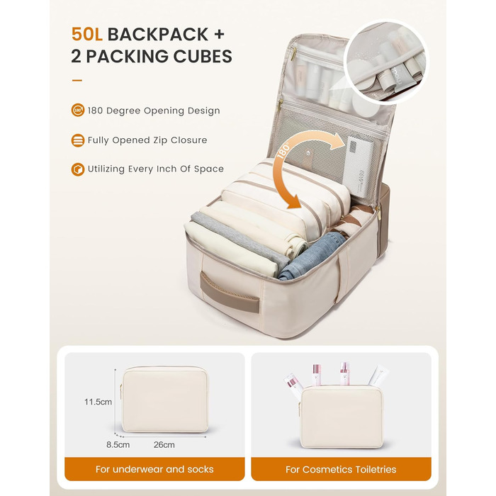 LOVEVOOK Рюкзак для ручної поклажі з окремим відділенням для взуття, 40L рюкзак для жінок, великий, з відділенням для мокрого та сухого, Travel Backpack, Carry On Luggage для подорожей, Бежевий, Зелений, 40L (3 шт.)