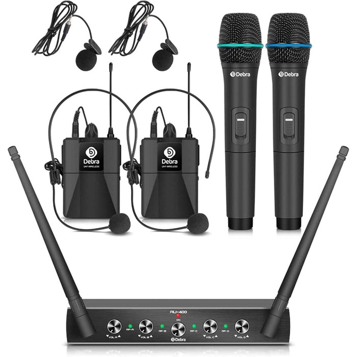 Debra 4-канальний UHF мікрофонний комплект, AU400: ручний, нагрудний, наголовний мікрофон для церкви, караоке, співу (2 ручні + 2 нагрудні мікрофони)