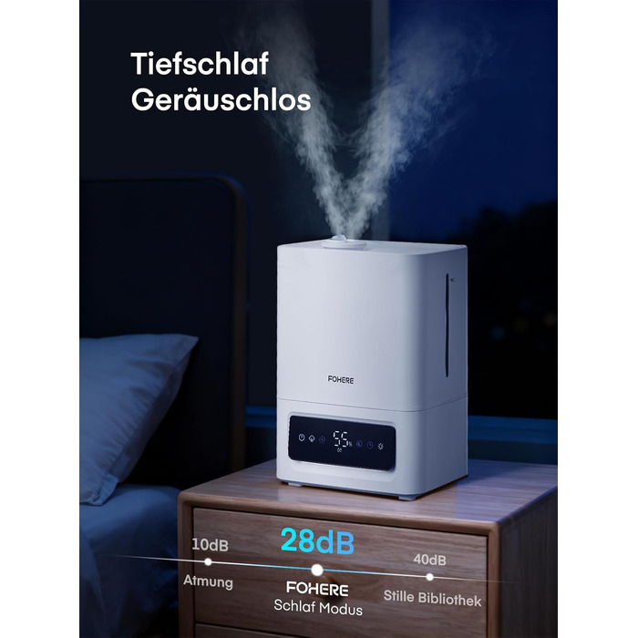 Зволожувач повітря FOHERE 6L для великих приміщень, 60 годин холодного туману, тихий зволожувач для дитячої кімнати, спальні, рослин, 28dB, точний датчик вологості, 16 годин таймер, аромадифузор, білий