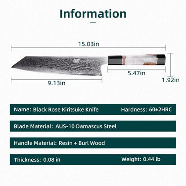 Японський ніж Kiritsuke FINDKING 9 дюймів, Дамаська сталь, для професійних та домашніх кухарів (серія BLACK-ROSE)