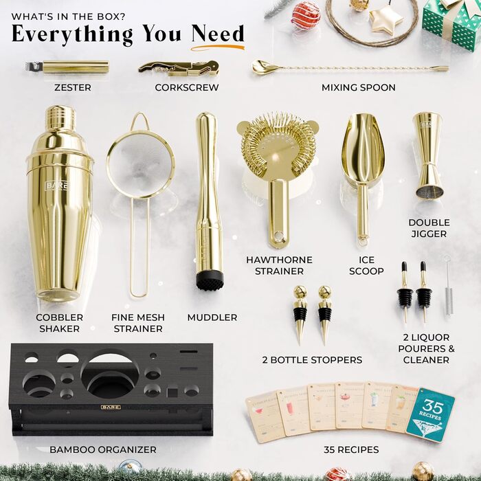 Набір бармена BARE BARREL® для приготування коктейлів | 16 предметів | Шейкер, барний аксесуар, інструменти для дому | 35 рецептів | Подарунковий набір