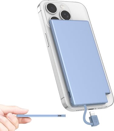 Power Bank Auskang 5000mAh Slim з кабелем для iPhone (до iPhone 14) - блакитний