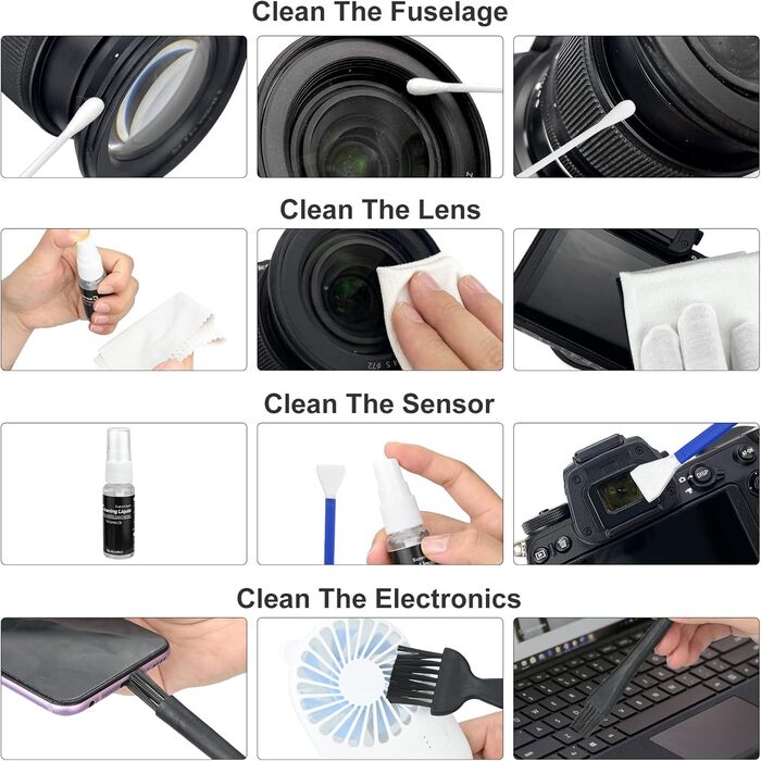 Набір для чищення камери 20-в-1: об'єктиви, фільтри, смартфони. Комплектація: стік, щітка, повітряний дмухник, мікрофібра.