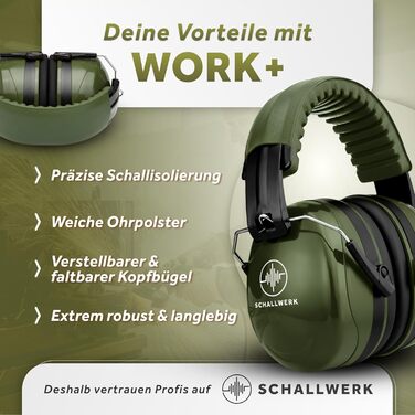 Schallwerk Work+ | Захист слуху для роботи – наголовники з регульованим розміром, високоякісні навушники для шумозаглушення – капелюхоподібні навушники для роботи та повсякденного використання (оливковий)