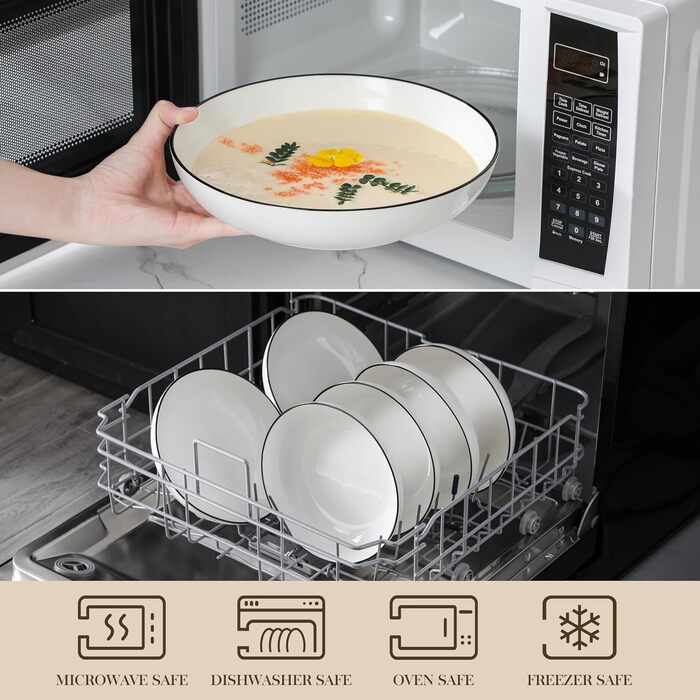 MALACASA Набір посуду 6 предметів: тарілки для пасти, супу, салату, сервірування. Глибокі тарілки для спагеті, велика супова миска. 1250 мл, білий з чорним обідком. Кераміка, преміум якість.