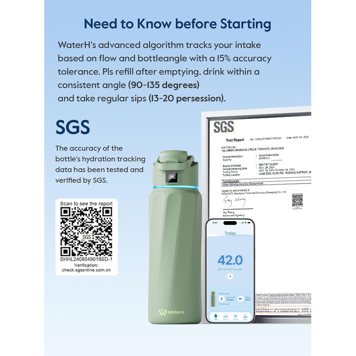 Розумна пляшка для води WATERH Boost з нагадуванням та трекером, 946 мл, нержавіюча сталь, зелена