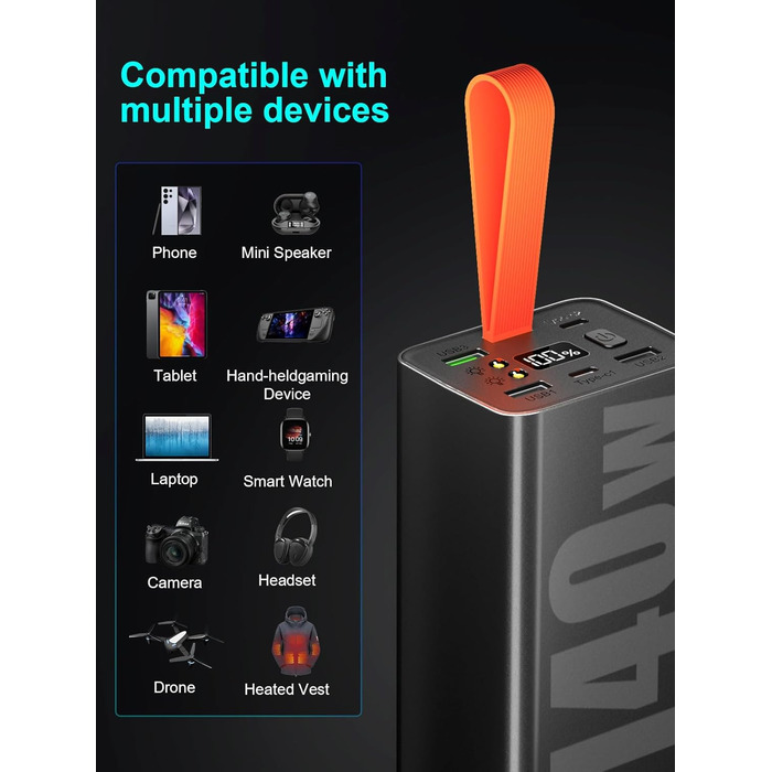 Портативний зарядний пристрій для ноутбука 140W, 70000mAh, USB-C PD 3.0, цифровий дисплей, сумісний з iPhone, Galaxy, MacBook, Dell