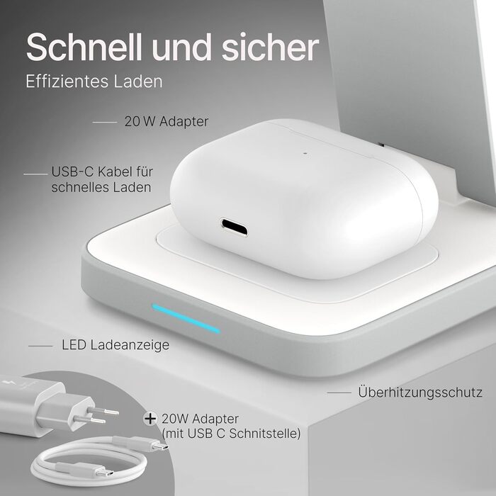 TEGLER 3-в-1 MagSafe зарядний пристрій: алюмінієва зарядна станція для iPhone, Apple Watch та AirPods, з адаптером 20W та USB-C кабелем