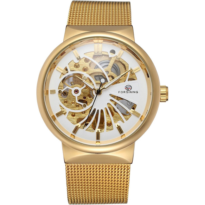 Чоловічий механічний годинник FORSINING з тонким корпусом та сталевим браслетом Skeleton
