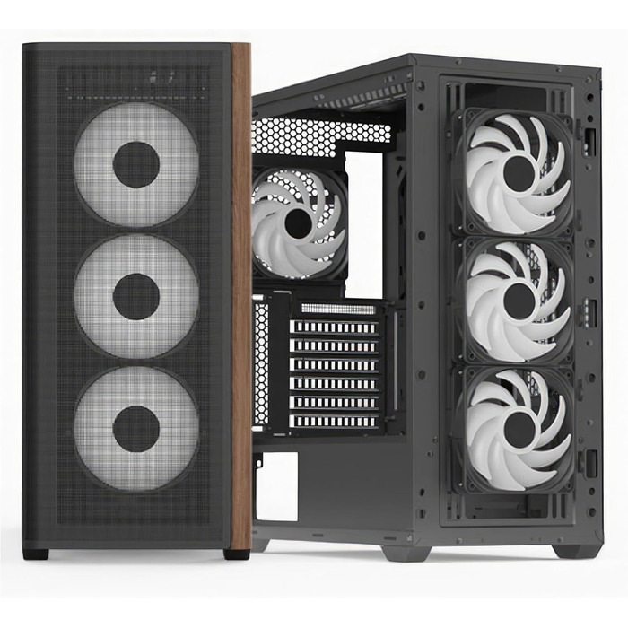 Корпус для ПК Aerocool D502A Mid-Tower: Mesh-панель, 4 RGB-вентилятори, підтримка ATX/Micro-ATX/Mini-ITX, скло, чорний з дерев'яними вставками