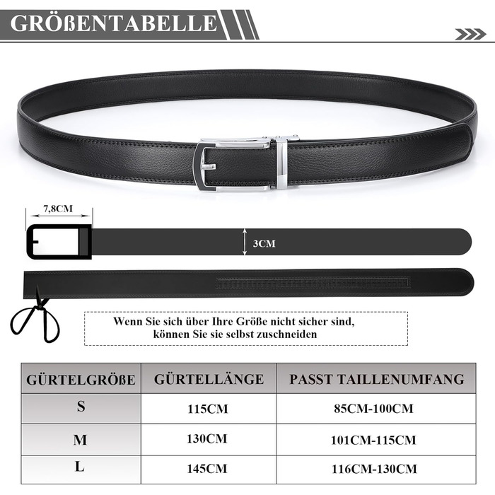 Чоловічий шкіряний ремінь JasGood з автоматичною пряжкою, 33 мм, для костюма, ділового стилю, повсякденного носіння (чорний, 130 см, обхват талії 101-115 см)