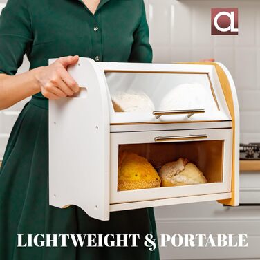 Бредониця Arise з вентиляцією, велика для зберігання хліба, 2 полиці та вікно, дерев'яна для хліба, булок, зберігання. 40 x 26 x 37, бамбук White, самостійна збірка