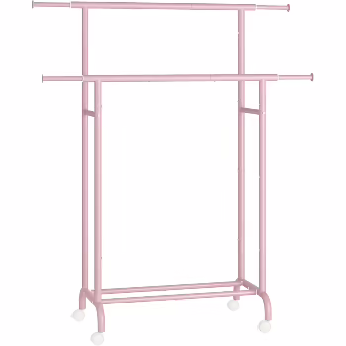 SONGMICS Clothes Rack with 2 Clothes Rods, Extendable Wardrobe Rail, with Wheels, Coat Rack, Height Adjustable between 113 and 180 cm, Lower Rod Adjustable, LLR401R01 (Pastel Pink, 120D x 50W x 156H cm)