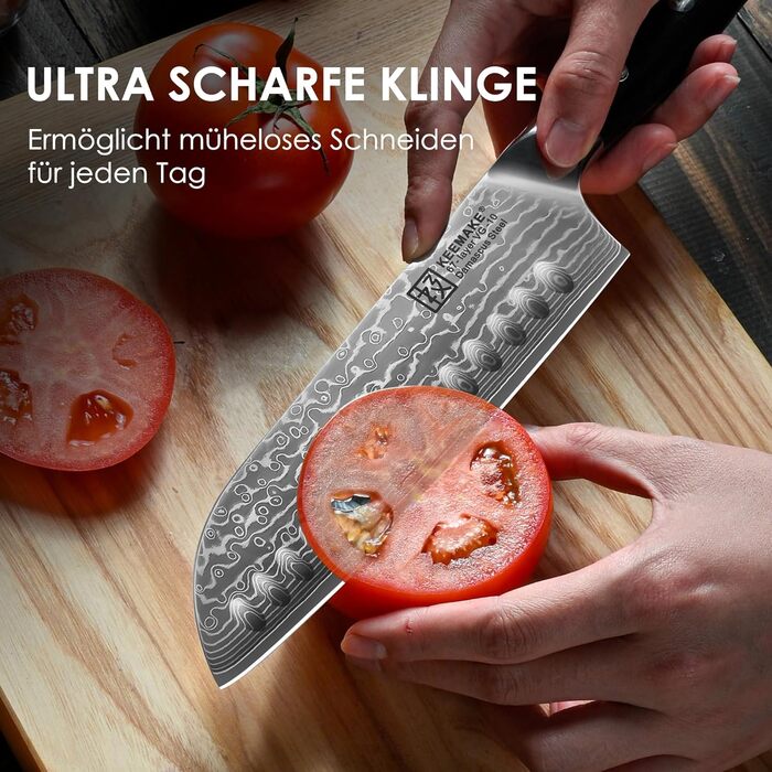 Ніж Santoku Keemake Damastmesser 17.8 см, професійний кухонний ніж з дамаської сталі (67 шарів) для м'яса та риби, ніж для шеф-кухаря 18 см