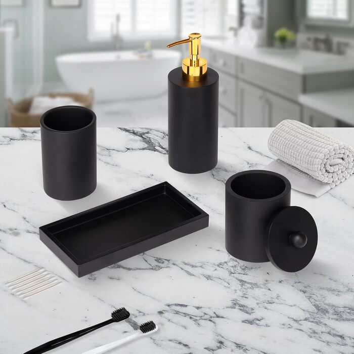 Haturi Bathroom Accessories Set, 4-Piece, Glass Bathroom Accessories Set, Complete with Lotion Soap Dispenser, Toothbrush Holder, Apothecary Jar, Vanity Tray, Bathroom Decor, Gift for (Black)