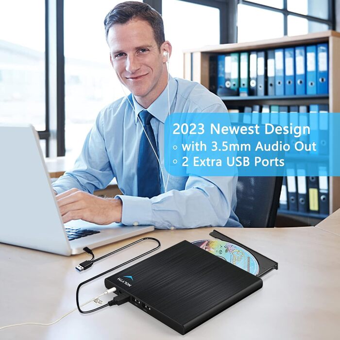 Зовнішній CD/DVD-привід USB 3.0 Type-C з аудіовиходом та USB-портами, тонкий DVD-RW плеєр та записувач для ноутбука, MacBook, Apple, чорний