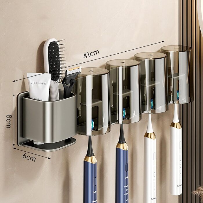 UUE Toothbrush Holder, 4 Compartments Toothbrush Holder Electric Toothbrush Holder for Toothbrushes and Rinse Cups, Stainless Steel Toothbrush Holder with 4 Cups, No Drilling, Self-Adhesive, for Bathroom
