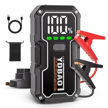 Powerbank для автомобіля 8000A, пусковий пристрій для акумулятора 12V з LED-дисплеєм та клемами, бустер для бензину/дизеля (до 10л), чорний