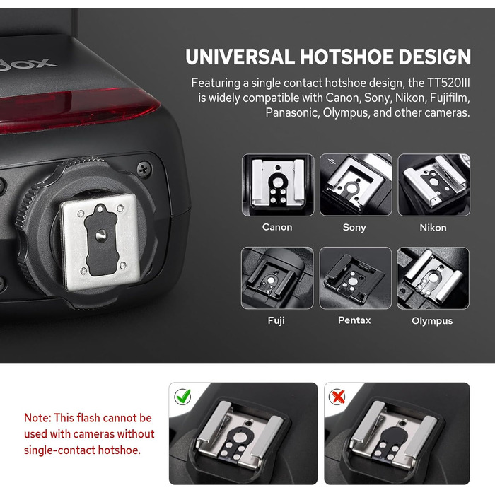 Спалах Godox TT520III для камери: потужність GN 33, RT-16 радіосинхронізатор, оптичний S1/S2, PC-порт для Canon/Sony/Fujifilm/Nikon/Panasonic/Olympus