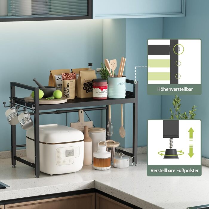 Регульована підставка для мікрохвильової печі NETEL 2-ярусна, кухонна полиця над мікрохвильовою печчю, полиця для робочої поверхні, висувна 40-60 см, з тримачем для напоїв та кошиком, чорний