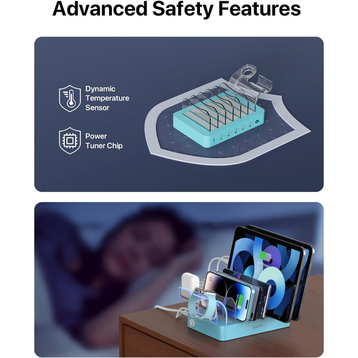Зарядна станція SooPii USB 60W/12A, 6 портів, органайзер для декількох пристроїв з тримачем для Apple Watch, 6 кабелів (синій)