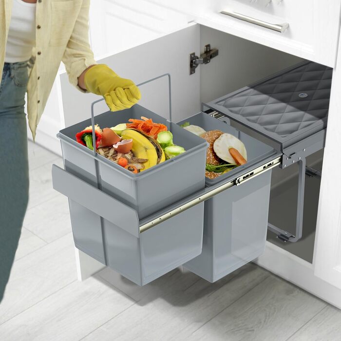 Вбудований контейнер для сміття HENGMEI, сірий, 2x20L (висувний, для кухні)
