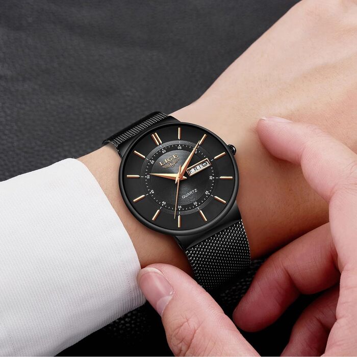 Годинник чоловічий LIGE з датою, водонепроникний, з нержавіючої сталі, аналоговий, вінтажний, кварцовий, чорний, для бізнесу, класичний, простий, з нержавіючої сталі, чоловічий годинник