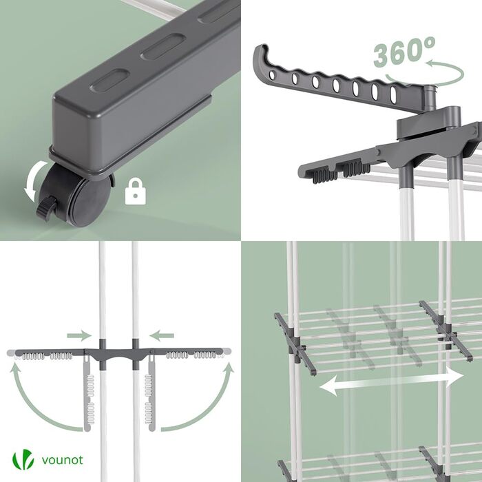 VOUNOT® Сушарка для білизни Турбо, висувна, компактна, для дому та вулиці, з розкладними крилами, телескопічною штангою та 6 роликами, 40м довжини сушіння, 3 яруси, біла