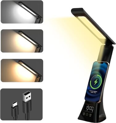 LED лампа настільна AMFUN з USB, регулюванням яскравості, захистом для очей, годинником та торканням, 3 кольори, нічник для читання, офіс