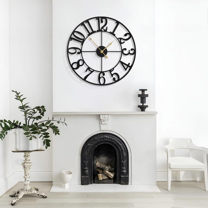 HAITANG Large Vintage Wall Clock, round, metal silent (no ticking), battery-powered, 40cm, 16 inch Roman numerals, clocks for living room, bedroom, kitchen wall decor (Black Arabic numerals, 80 cm)
