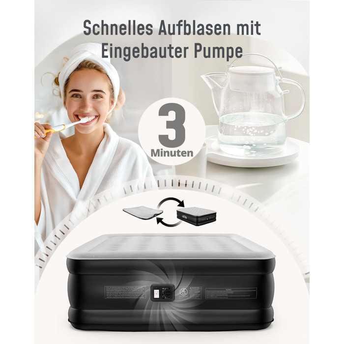 Надувне ліжко Airefina на 2 особи з самонадувною системою та вбудованим насосом, для кемпінгу та дому, міцне гостьове ліжко 203 x 152 x 46 см